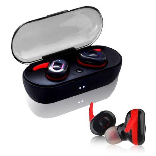 TWS MICRO wireless earbuds with microphone and charging case Black with red image 1