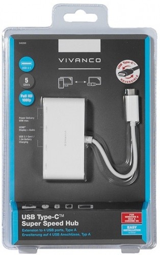 Vivanco USB hub USB-C 3.1 4 portu, balts (34292) image 1