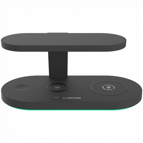 CANYON WS-501 5in1 Wireless charger, with UV sterilizer, with touch button for Running water light, Input QC24W or PD36W, Output 15W/10W/7.5W/5W, USB-A 10W(max), Type c to USB-A cable length 1.2m, 188*90*81mm, 0.249Kg, Black image 1
