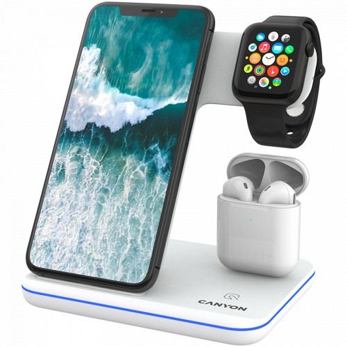 CANYON WS-302 3in1 Wireless charger, with touch button for Running water light, Input 9V/2A, 12V/2A, Output 15W/10W/7.5W/5W, Type c to USB-A cable length 1.2m, 137*103*140mm, 0.22Kg, White image 1