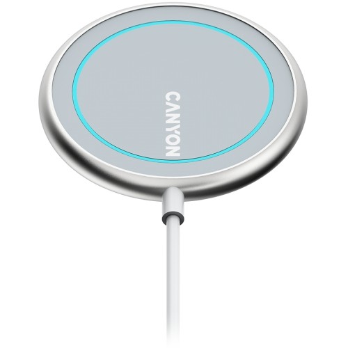 CANYON WS-100 Wireless charger, Input 9V/2A, 9V/2.7A, 12V/2A, Output 15W/10W/7.5W/5W, Type c cable length 1.5m, Acrylic surface+Aluminium alloy edge, 59*59*7mm, 0.06Kg, Silver image 1