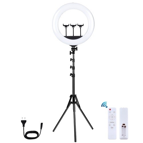 Puluz LED Ring Lamp 46cm with Tripod Stand up to 1.8m, 3 Phone Clamps, USB image 1