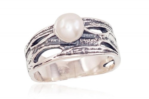 Серебряное кольцо #2101570(POx-Bk)_PE, Серебро	925°, оксид (покрытие), Жемчуг , Размер: 19, 4.8 гр. image 1