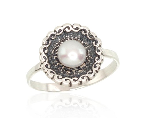 Серебряное кольцо #2101204(POx-Bk)_PE, Серебро	925°, оксид (покрытие), Жемчуг , Размер: 18, 2.6 гр. image 1