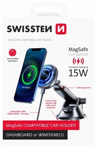Swissten Magnētisks Automašīnas Turētājs ar Bezvadu uzlādi 15W (MagSafe compatible) image 1