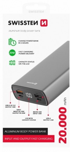 Swissten Aluminium Power Banka Ārējās Uzlādes Baterija 2xUSB / USB-C / Micro USB / 20W / 20000 mAh image 1