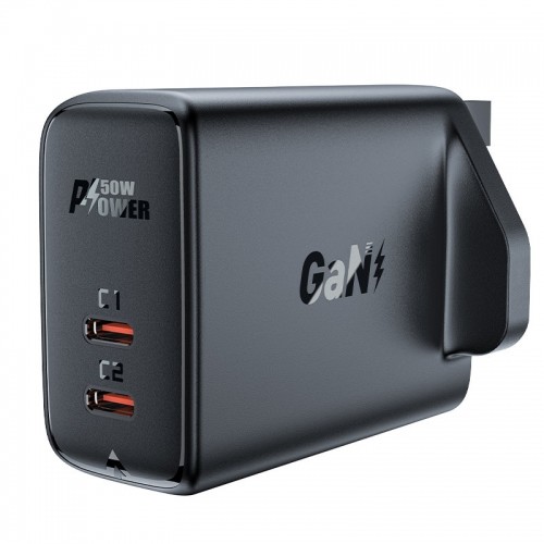 Acefast GaN charger (UK plug) 2x USB Type C 50W, Power Delivery, PPS, Q3 3.0, AFC, FCP black (A32 UK) image 1