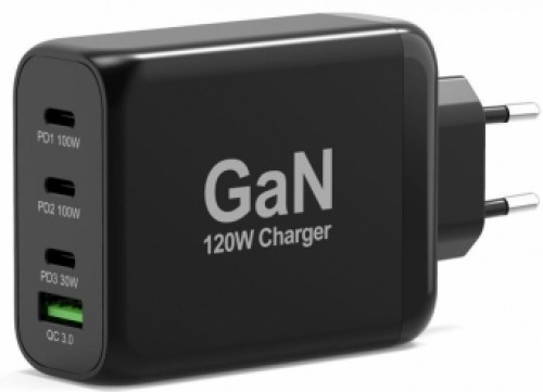 Lādētājs Port Power Delivery and Quick Charge 120W GaN USB-C & USB-A Black image 1