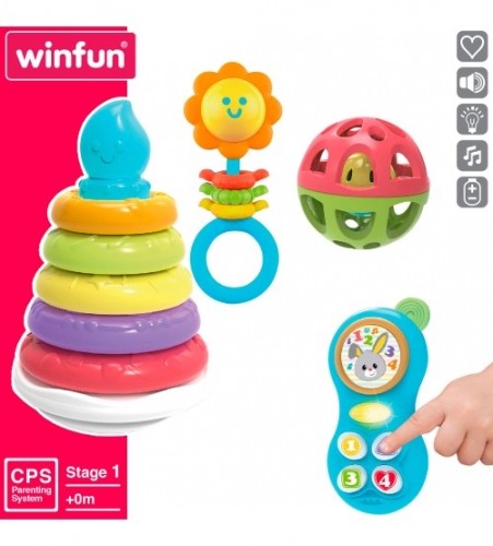 Winfun Комплект для малыша игрушки развивающие пирамидка, муз. игрушка и 2 погремушки 0 m+ CB46885 image 1