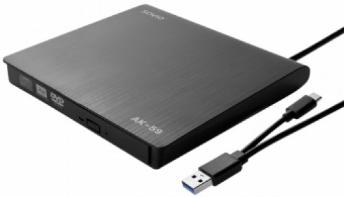 Ārējais diskdzinis Savio External Slim drive CD/DVD R/ RW – USB-C/ USB-A image 1