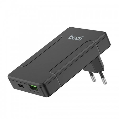Budi universal wall charger, USB + USB-C, PD 65W + EU|UK|US|AU adapters (black) image 1