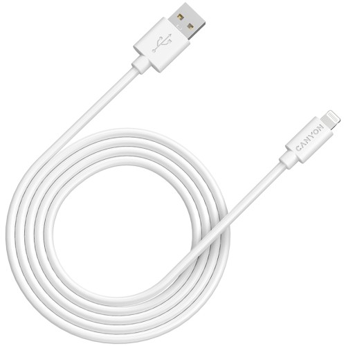 CANYON MFI-12, Lightning USB Cable for Apple , round, PVC, 2M, OD:4.0mm, Power+signal wire: 21AWG*2C+28AWG*2C,  Data transfer speed:26MB/s, White.  With shield , with CANYON logo and CANYON package.  Certification: ROHS, MFI. image 1
