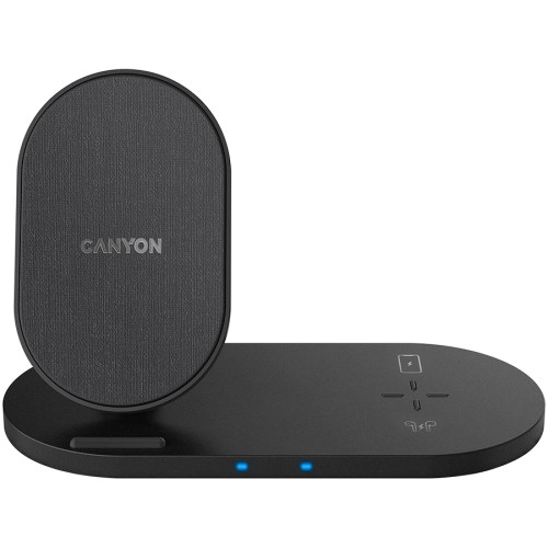 CANYON WS-202, 2in1 Wireless charger, Input 5V/3A, 9V/2.67A, Output 10W/7.5W/5W, Type c cable length 1.2m, PC+ABS,with PU part ,180*86*111.1mm, 0.185Kg,Black image 1