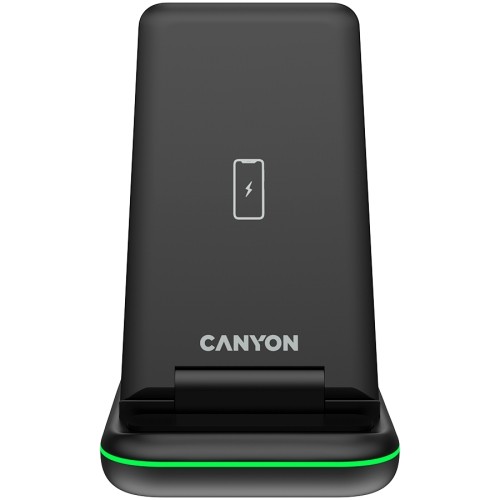 CANYON WS-304, Foldable  3in1 Wireless charger, with touch button for Running water light, Input 9V/2A,  12V/1.5AOutput 15W/10W/7.5W/5W, Type c to USB-A cable length 1.2m, with QC18W EU plug,132.51*75*28.58mm, 0.168Kg, Black image 1