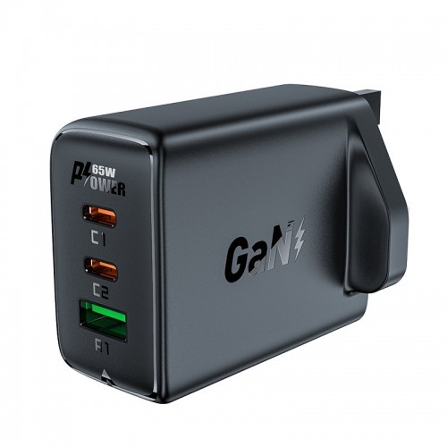 Acefast charger GaN 65W 3 ports (1xUSB, 2xUSB C PD) UK plug black (A44) image 1