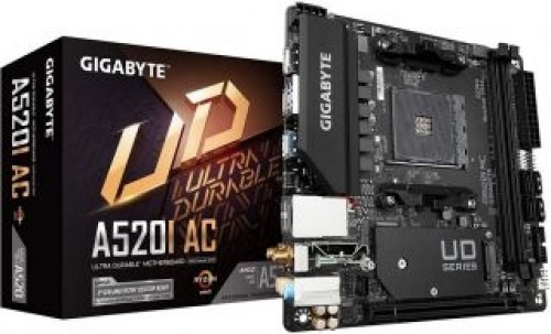 Gigabyte  
         
       A520I AC Processor family AMD, Processor socket AM4, DDR4 DIMM, Memory slots 2, Number of SATA connectors 4, Chipset AMD A, Mini ITX image 1