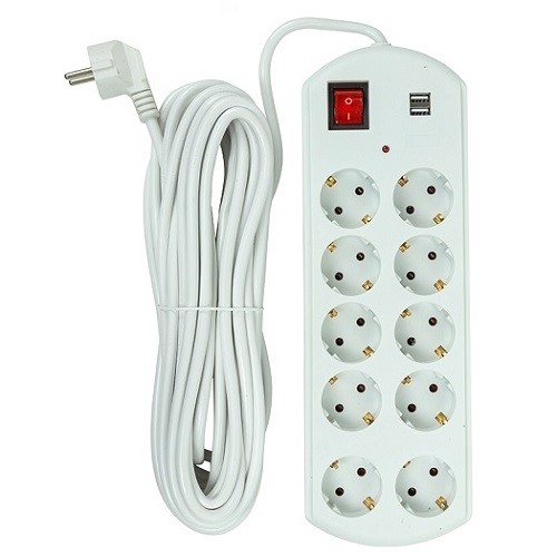 EXD Extension cord 10m, 10 sockets, 2x USB, with switch image 1