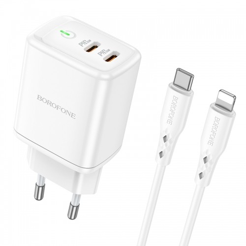 OEM Borofone Wall charger BN9 Reacher - 2xType C - QC 3.0 PD 35W with Type C to Lightning cable white image 1