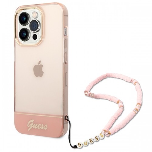 Guess PC|TPU Camera Outline Translucent Case with Strap for iPhone 14 Pro Max Pink image 1