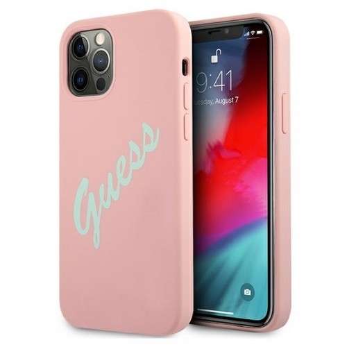GUHCP12MLSVSPG Guess Silicone Vintage Green Script Cover for iPhone 12|12 Pro 6.1 Pink image 1