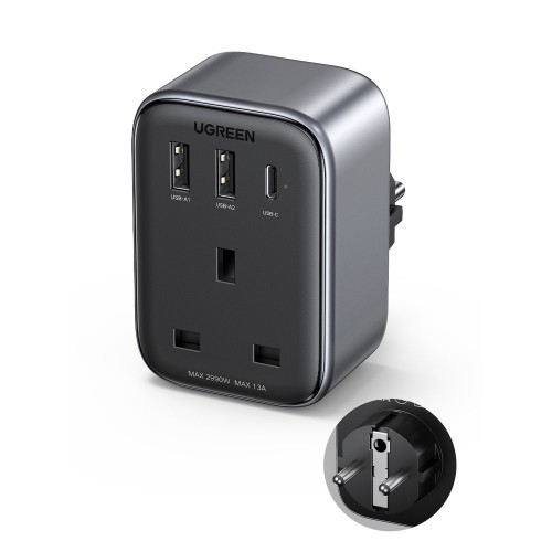 Wall charger 30W (2xUSB|USB C|AC) | UK - EU adapter 13A Ugreen CD314 - black image 1