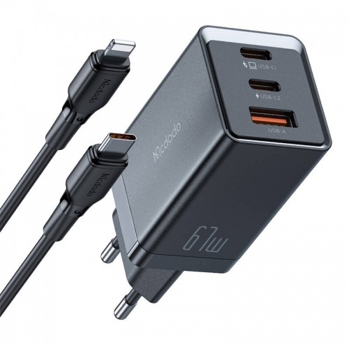 Mcdodo CH-1544 GaN wall charger, 2x USB-C, 1x USB, 67W + USB-C to USB-C cable (black) image 1