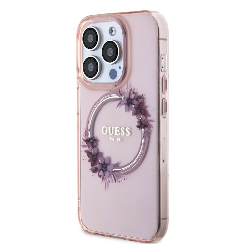 Guess PC|TPU Flowers Ring Glossy Logo MagSafe Case for iPhone 15 Pro Pink image 1