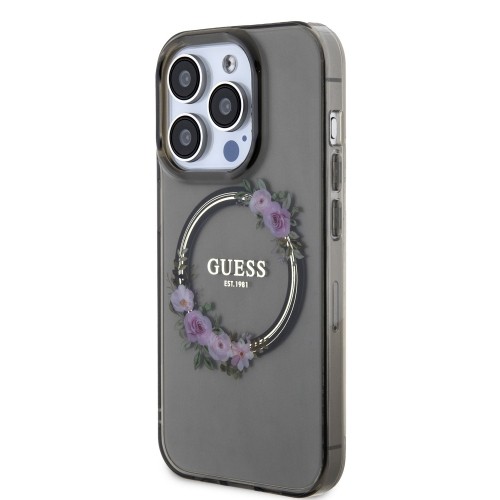 Guess PC|TPU Flowers Ring Glossy Logo MagSafe Case for iPhone 15 Pro Max Black image 1