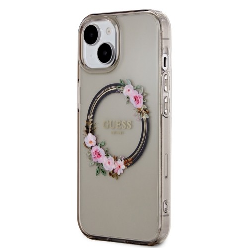 Guess PC|TPU Flowers Ring Glossy Logo MagSafe Case for iPhone 15 Black image 1