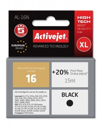 Activejet AL-16N Ink Cartridge (replacement for Lexmark 16 10N0016; Supreme; 15 ml; black) image 1