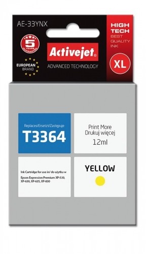 Activejet AE-33YNX Ink Cartridge (replacement for Epson 33XL T3364; Supreme; 12 ml; yellow) image 1