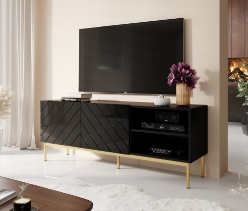 Cama Meble ABETO RTV cabinet on golden steel frame 150x42x60 black/gloss black image 1