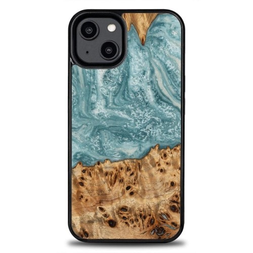 Wood and resin case for iPhone 15 Plus Bewood Unique Uranus - blue and white image 1