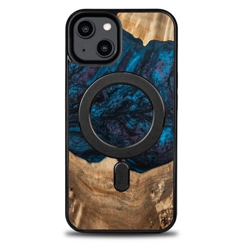 Wood and resin case for iPhone 15 Plus MagSafe Bewood Unique Neptun - navy blue and black image 1