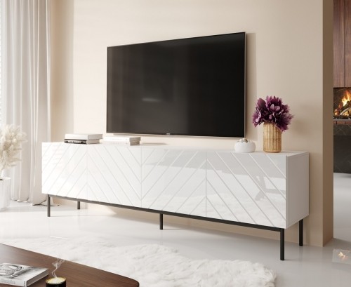 Cama Meble ABETO RTV cabinet on black steel frame 200x42x60 white/gloss white image 1