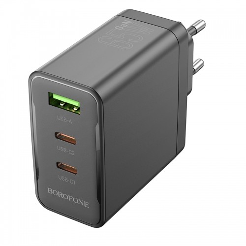 OEM Borofone Wall charger BN12 Manager - USB + 2xType C - PD 65W 3A black image 1