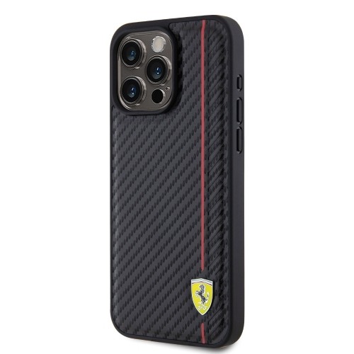 Ferrari PU Leather Carbon Vertical Red Line Case for iPhone 15 Pro Max Black image 1