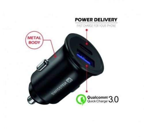 Swissten Metāla Auto Lādētājs ar Power Delivery USB-C + Quick Charge 3.0 | 36W Mobīlajiem telefoniem un Planešetdatoriem | Melns image 1