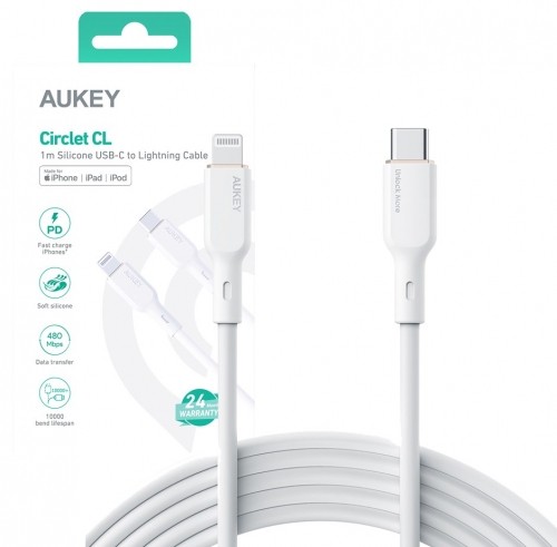 AUKEY CB-SCL2 Power Delivery USB C - Lightning Apple 1.8m 27W 3A Silicon Cable White image 1