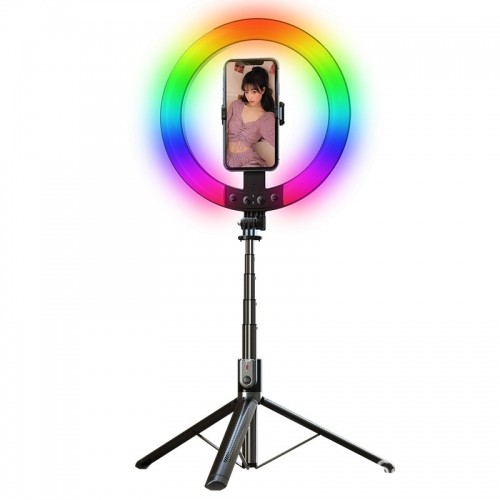 OEM Selfie Stick - with detachable bluetooth remote control, tripod and ring lamp RGB - P100-RGB Black image 1