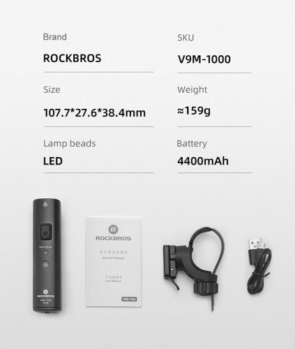 Rockbros V9M-1000 front bicycle light 1000lm - black image 1