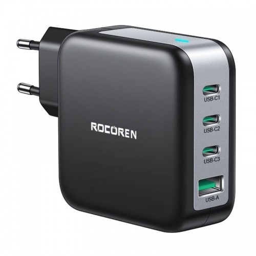 Wall charger GaN Rocoren 3x USB-C, 1x USB, Power Delivery 3.0, 100W (black) image 1