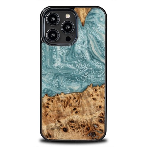 Wood and resin case for iPhone 15 Pro Max Bewood Unique Uranus - blue and white image 1