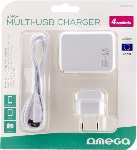 Omega USB lādētājs 4xUSB EU + kabelis, balts (42672) image 2