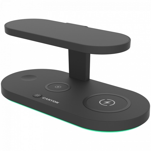 CANYON WS-501 5in1 Wireless charger, with UV sterilizer, with touch button for Running water light, Input QC24W or PD36W, Output 15W/10W/7.5W/5W, USB-A 10W(max), Type c to USB-A cable length 1.2m, 188*90*81mm, 0.249Kg, Black image 2
