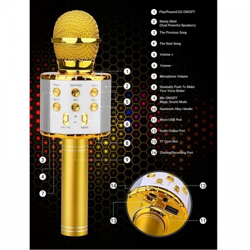 Bemi M85 Karaoke Prieka Efektu Mikrofons ar skaļruņiem un Ierakstu Micro USB AUX Zeltains image 2