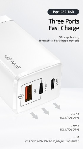 USAMS CC110TC02 tīkla lādētājs USB / 2 x USB-C / 65W / 5A / Quick Charge 3.0 balts image 2