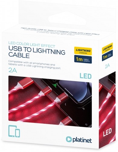 Platinet cable  USB - Lightning LED 1m, red (45738) image 2
