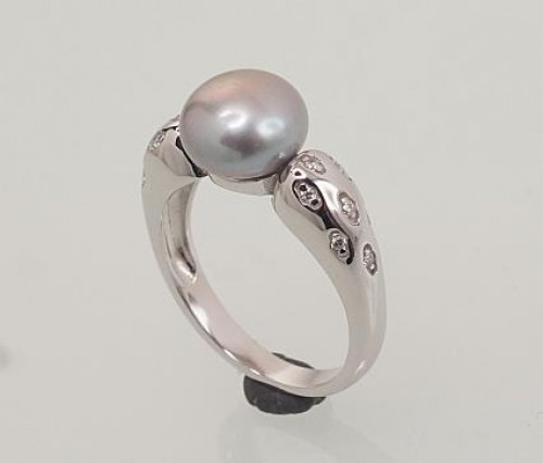 Серебряное кольцо #2101465(PRh-Gr)_CZ+PE-GR, Серебро	925°, родий (покрытие), Цирконы , Жемчуг , Размер: 17, 3.5 гр. image 2