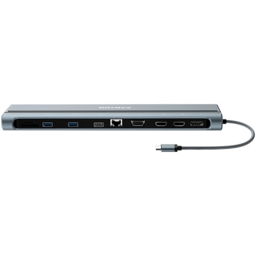 CANYON DS-90, 14 in 1 hub, with Type C female *2,Type C male *1:max 10Gbps,USBA*3:max 10Gbps,DP*1，VGA*1,SD card slot*1,TF card slot*1,Audio 3.5 audio*1,HDMI*2,RJ45*1,cable length 0.20m,Aluminum alloy housing,76*22.5*301mm,Dark grey image 2